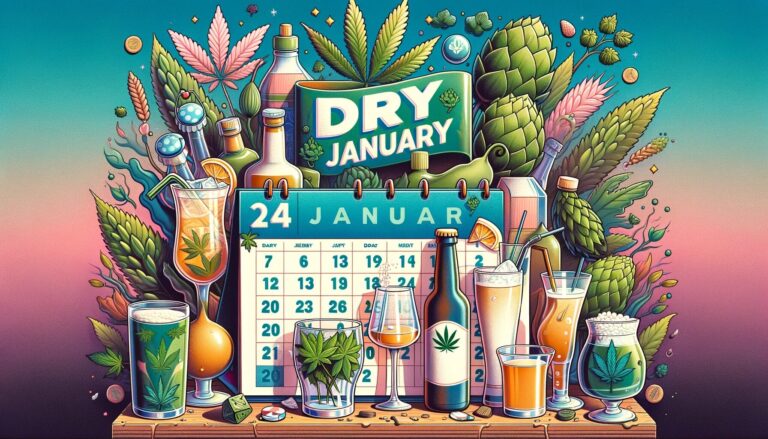 An illustration depicting "Dry January" featuring various cups and glasses with colored liquids and hemp ingredients
