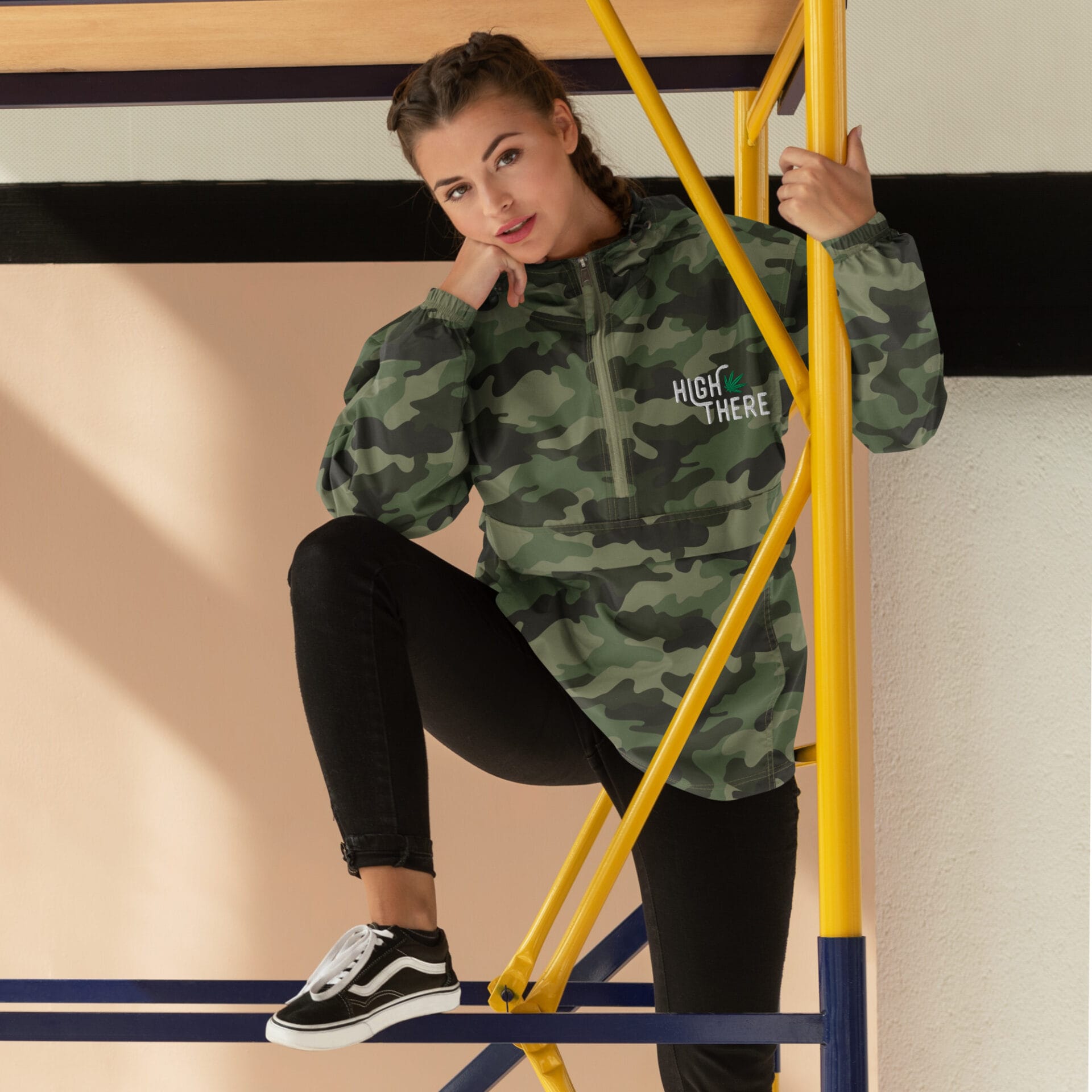 High There Embroidered Champion Packable Rain Jacket